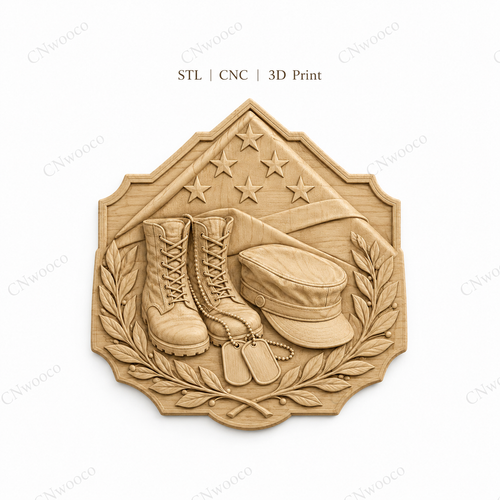 Relief mémorial militaire CNC & impression 3D, bottes soldat, dog tags, drapeau américain, fichier STL très haute qualité