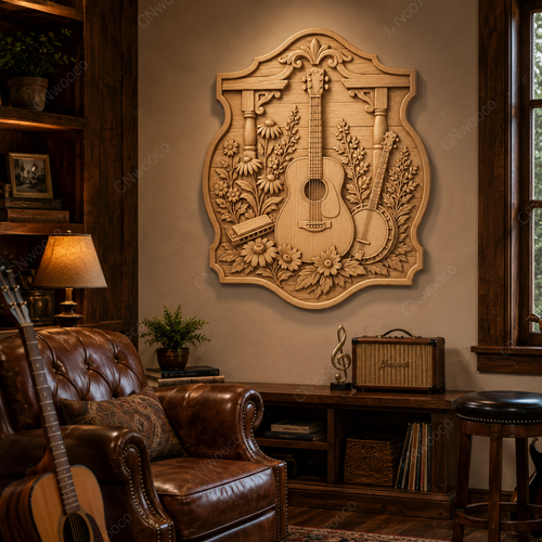 Relief musique guitare banjo et fleurs, fichier STL de très haute qualité pour sculpture bois CNC & impression 3D
