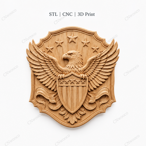 CNC & impression 3D aigle américain avec bouclier patriotique, relief mural bois pour carving, fichier STL