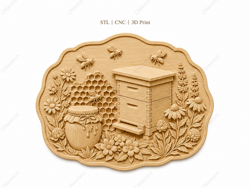 CNC & impression 3D relief ruche abeilles miel et fleurs, fichier STL déco apiculteur bois