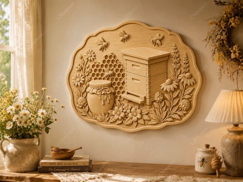 CNC & impression 3D relief ruche abeilles miel et fleurs, fichier STL déco apiculteur bois