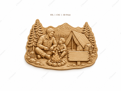 CNC & impression 3D scène camping père fils, relief bois famille nature, panneau à personnaliser, fichier STL
