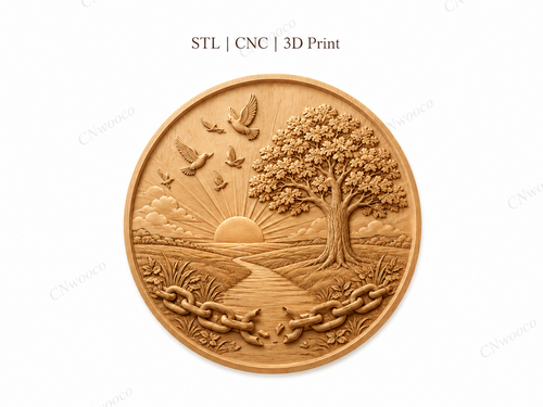 CNC & impression 3D relief liberté arbre et soleil, décor mural bois paysage oiseaux chaîne brisée, fichier STL