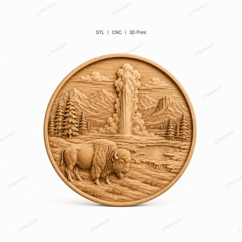 CNC & impression 3D relief bison Yellowstone geyser, décor western nature, fichier STL très haute qualité