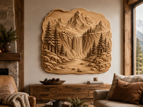 CNC & impression 3D relief montagne cascade, fichier pour sculpture bois, paysage nature forêt STL très haute qualité