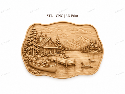 CNC & impression 3D chalet au bord du lac, relief bois nature cabine montagne canoë, fichier STL très haute qualité