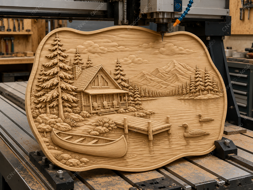 CNC & impression 3D chalet au bord du lac, relief bois nature cabine montagne canoë, fichier STL très haute qualité