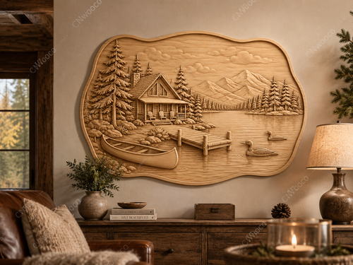CNC & impression 3D chalet au bord du lac, relief bois nature cabine montagne canoë, fichier STL très haute qualité