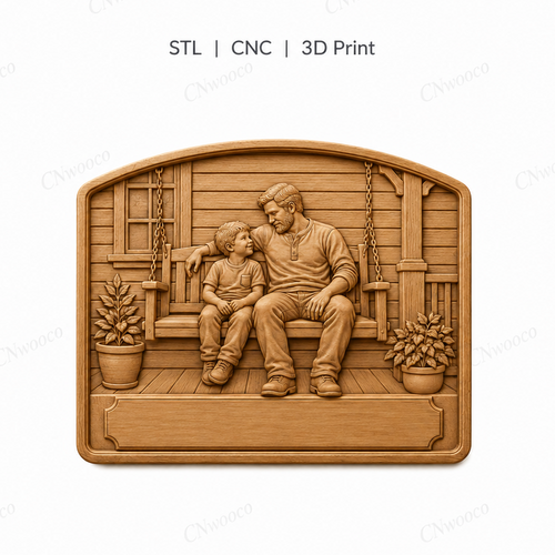 CNC & impression 3D scène père et fils sur balançoire, relief bois familial à personnaliser, fichier STL très haute qualité