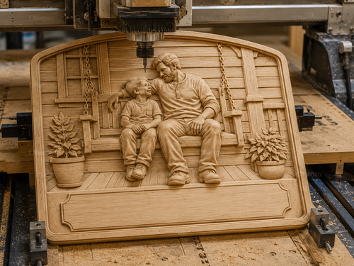 CNC & impression 3D scène père et fils sur balançoire, relief bois familial à personnaliser, fichier STL très haute qualité