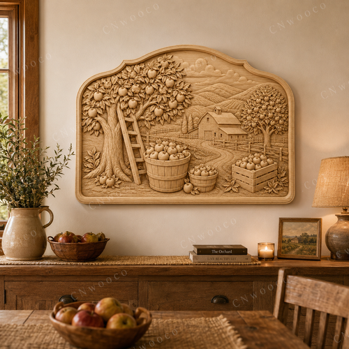 CNC & impression 3D relief verger de pommes, ferme rustique, panneau bois décoratif, fichier STL très haute qualité