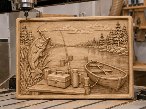 CNC & impression 3D scène de pêche au lac, poisson, barque et ponton, relief bois décor chalet, fichier STL très haute qualité