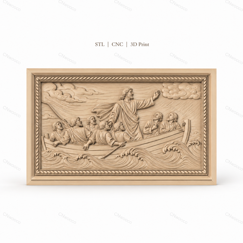 Fichier CNC & impression 3D Jésus apaisant la tempête, scène biblique en bateau, haute qualité relief STL