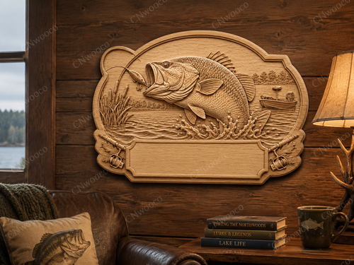 CNC & impression 3D relief pêche bass avec leurre, bateau et plaque à personnaliser, fichier STL très haute qualité