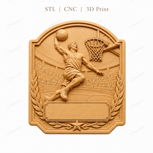 CNC & impression 3D trophée basket avec joueur dunk, panier et plaque à personnaliser, fichier STL très haute qualité