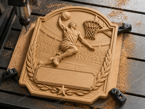 CNC & impression 3D trophée basket avec joueur dunk, panier et plaque à personnaliser, fichier STL très haute qualité