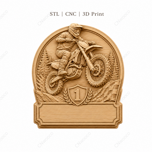 CNC & impression 3D trophée motocross avec moto cross, numéro 1 et plaque à personnaliser, fichier STL très haute qualité