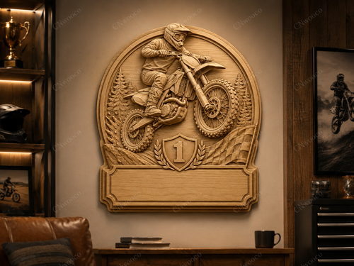 CNC & impression 3D trophée motocross avec moto cross, numéro 1 et plaque à personnaliser, fichier STL très haute qualité