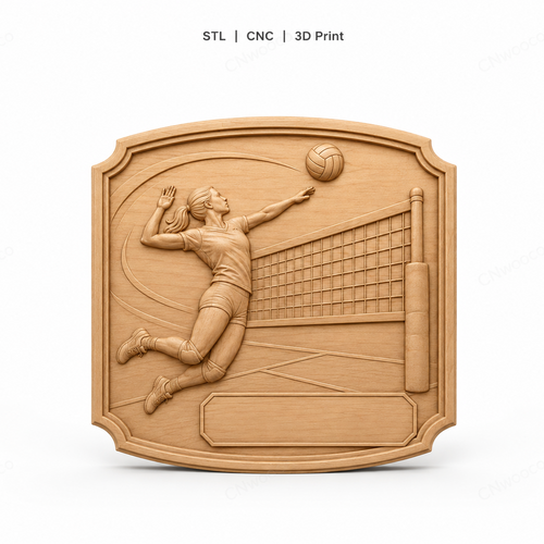 CNC & impression 3D relief volleyball joueuse à personnaliser, trophée sport plaque murale bois, fichier STL très haute qualité
