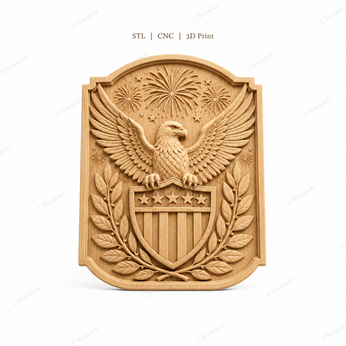 CNC & impression 3D relief aigle américain, blason USA, étoiles et feux d’artifice, sculpture bois fichier STL haute qualité