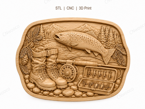 CNC & impression 3D relief pêche à la truite, fly fishing, décor pêcheur, fichier STL très haute qualité