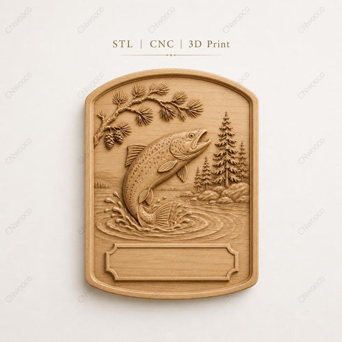 CNC & impression 3D relief poisson pêche en lac, fichier pour gravure bois, STL de haute qualité, à personnaliser