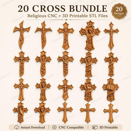 Fichier CNC & impression 3D pack 20 croix religieuses – bas-reliefs chrétiens pour sculpture bois, décoration murale STL