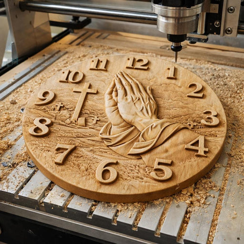 Fichier CNC horloge mains en prière – bas-relief chrétien pour sculpture bois, décoration murale religieuse STL