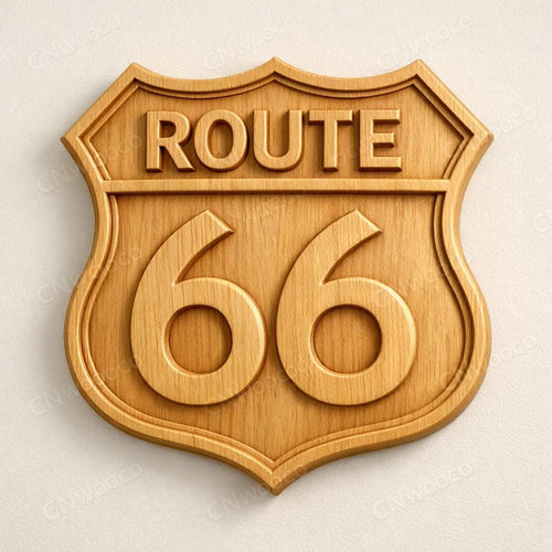 Fichier CNC & impression 3D panneau Route 66 – bas-relief vintage pour sculpture bois, décoration murale garage STL