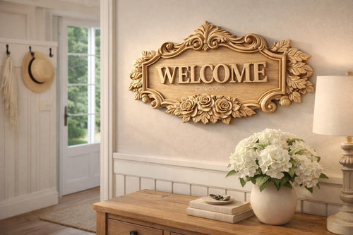 Fichier CNC & impression 3D – panneau Welcome floral – relief 3D pour porte et décoration murale STL