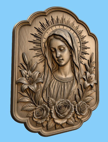 CNC & impression 3D Vierge Marie avec fleurs, STL haute qualité pour sculpture bois et relief religieux