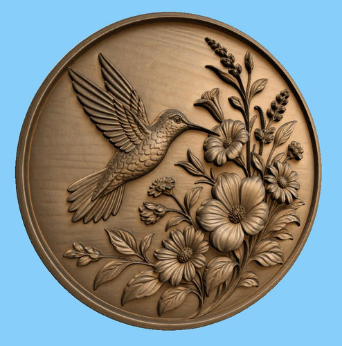 CNC & impression 3D relief colibri avec fleurs, décor floral nature, fichier STL très haute qualité