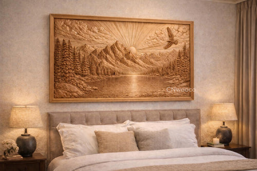 Fichier CNC paysage montagne lac, bas-relief nature bois, décoration murale naturelle, sculpture bois, modèle gravure 3D STL