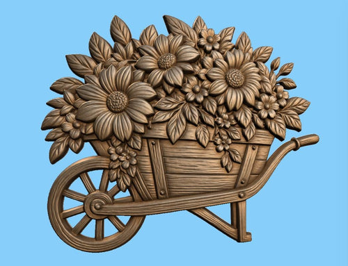 CNC & impression 3D relief brouette remplie de fleurs, décoration jardin floral, fichier STL très haute qualité