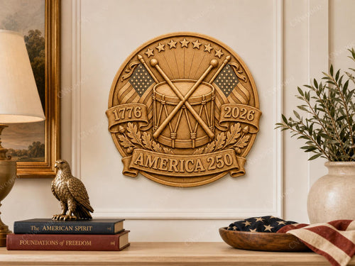 CNC & impression 3D America 250 tambour 1776 2026, relief patriotique USA STL haute qualité pour sculpture bois