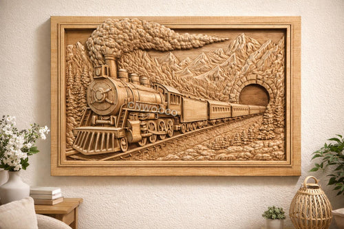 Fichier CNC & impression 3D train vapeur vintage – bas-relief locomotive pour sculpture bois, décoration murale ferroviaire STL
