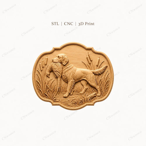 CNC & impression 3D chien de chasse rapportant un faisan, fichier STL très haute qualité
