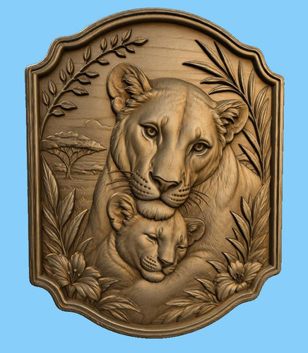 CNC & impression 3D relief lionne et bébé lion, fichier animal wildlife pour gravure bois, STL de haute qualité