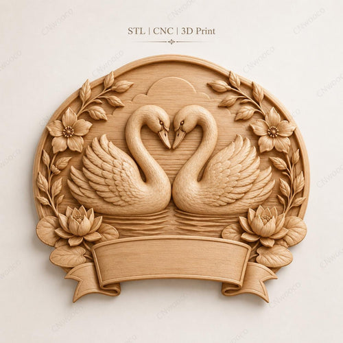 CNC & impression 3D relief cygnes amoureux, fichier mariage pour gravure bois, STL de haute qualité, à personnaliser