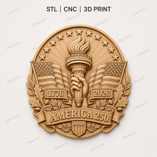 CNC & impression 3D America 250 torche de la liberté, relief patriotique USA 1776 2026 STL haute qualité