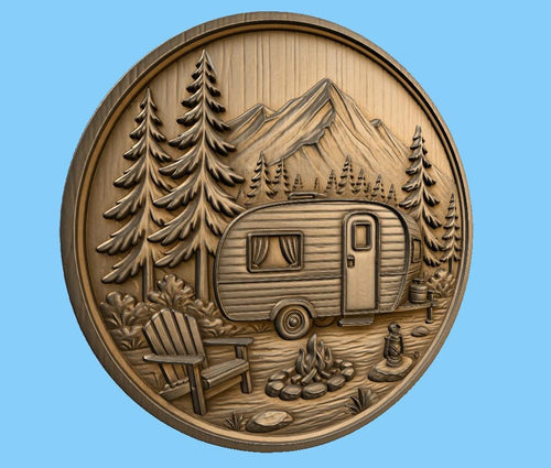 CNC & impression 3D relief caravane camping en montagne avec feu de camp, fichier STL très haute qualité