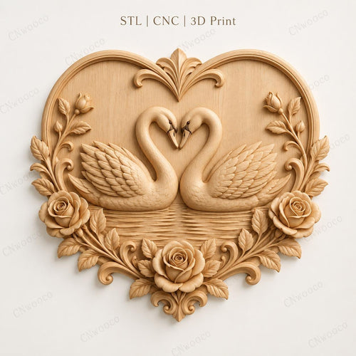 CNC & impression 3D cygnes amoureux dans cœur avec roses, fichier STL très haute qualité