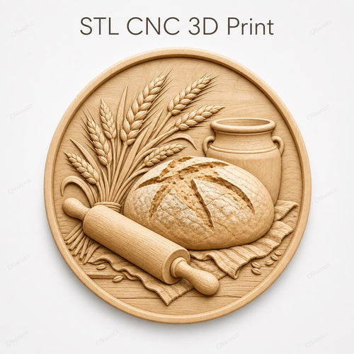 CNC & impression 3D relief pain artisanal avec blé et rouleau, fichier STL très haute qualité
