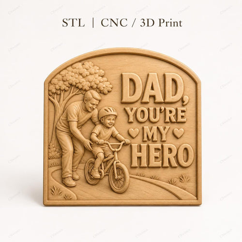CNC & impression 3D relief papa héros avec enfant à vélo, fichier STL très haute qualité
