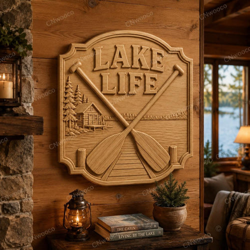 CNC & impression 3D relief Lake Life avec rames et cabane au bord du lac, fichier STL de haute qualité