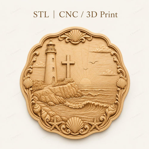CNC & impression 3D relief phare avec croix bord de mer, fichier STL très haute qualité