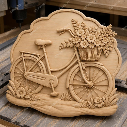CNC & impression 3D relief vélo avec panier de fleurs, décor cottage floral, fichier STL très haute qualité