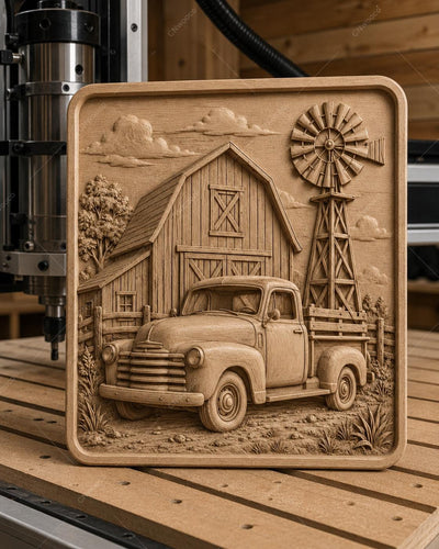 CNC & impression 3D vieux pick-up devant grange et moulin, fichier STL très haute qualité