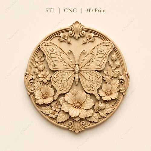 CNC & impression 3D relief papillon avec fleurs, décoration florale pour gravure bois, STL de haute qualité