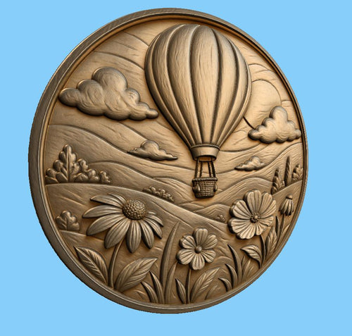 CNC & impression 3D relief montgolfière au-dessus d’un paysage fleuri, fichier STL très haute qualité
